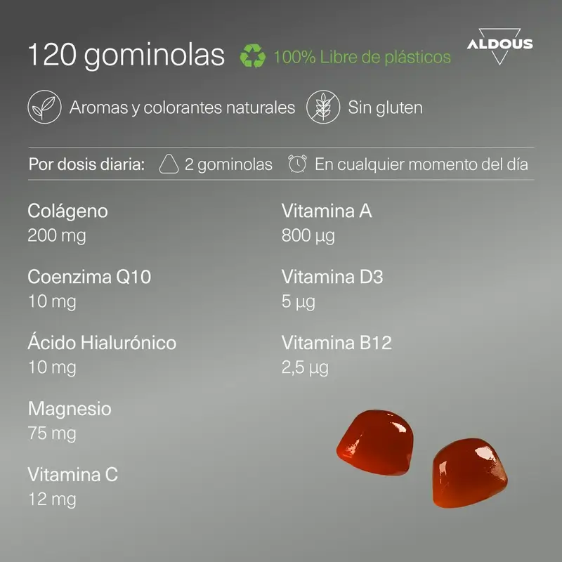 Aldous Bio Colágeno Hidrolizado Con Ácido Hialurónico, Coenzima Q10, Zinc Y Vitaminas, 120 gominolas