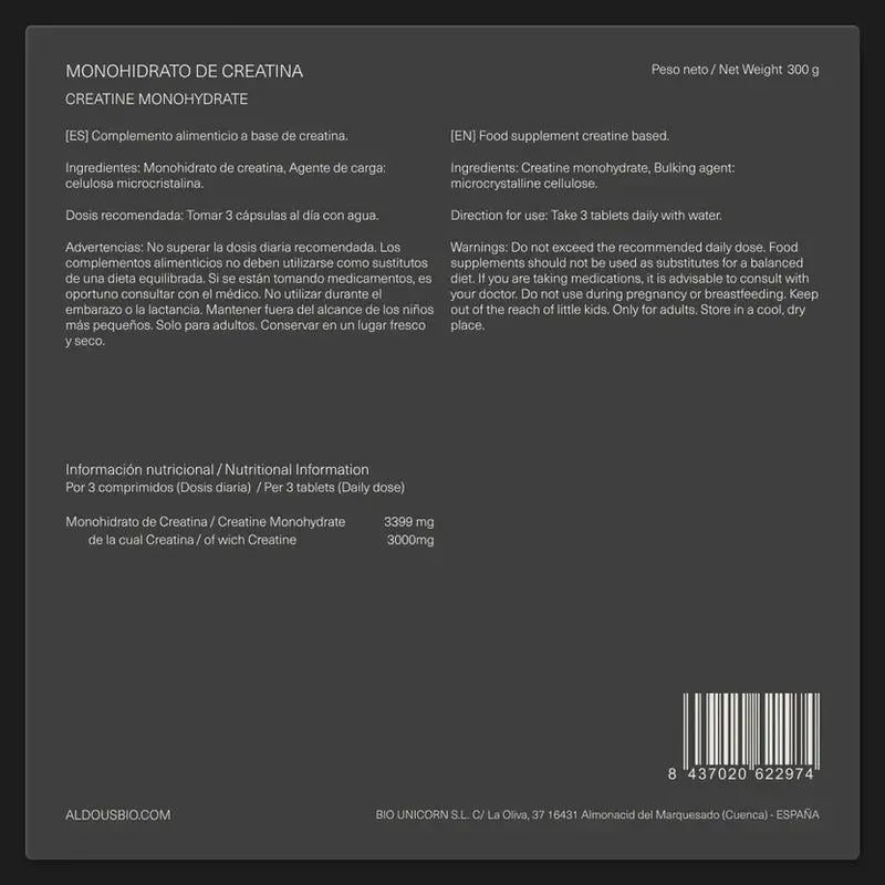 Aldous Bio Creatina Monohidratada , 200 comprimidos