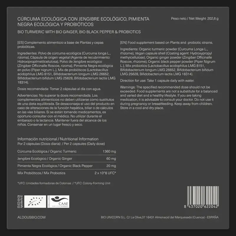 Aldous Bio Cúrcuma Con Jengibre Y Pimienta Negra Con Probióticos, 2X250 Cápsulas