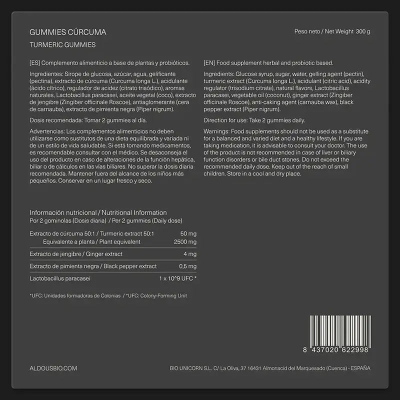 Aldous Bio Cúrcuma Con Jengibre Y Pimienta Negra + Probióticos, 120 gominolas