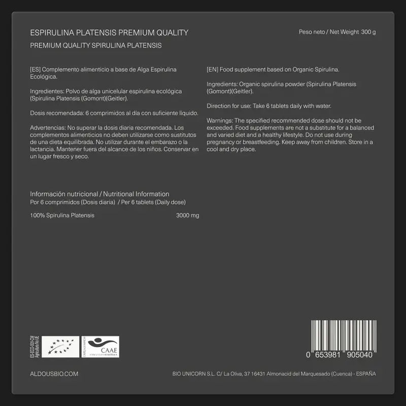 Aldous Bio Espirulina Ecológica Premium, 600 unidades