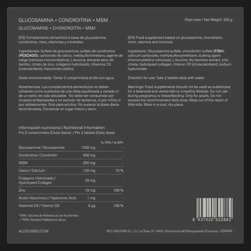 Aldous Bio Glucosamina, Condroitina, Msm, Colágeno, Ácido Hialurónico, Zinc, Calcio Y Vitamina D3 , 200 comprimidos