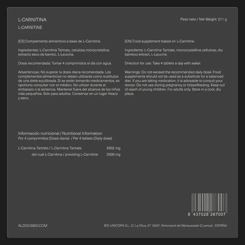 Aldous Bio L Carnitina 2000Mg Suplemento Pre Entreno Y Recuperador Muscular , 200 comprimidos