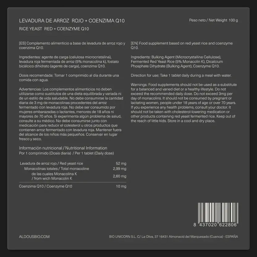Aldous Bio Levadura De Arroz Rojo Con Coenzima Q10 Aldous , 400 comprimidos