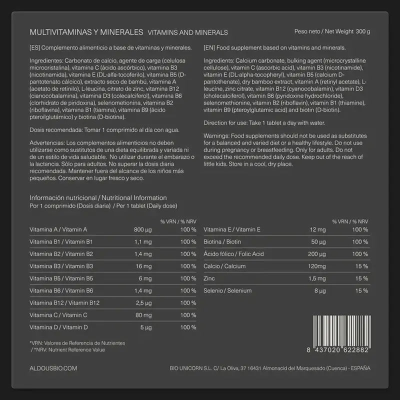 Aldous Bio Multivitaminas Vitamina C, D, E, A, Vitaminas B, Biotina, Acido Folico, Calcio, Zinc, Selenio , 500 comprimidos