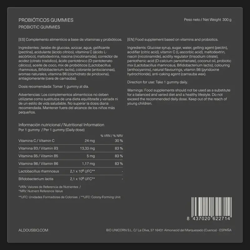 Aldous Bio Probióticos Con Vitaminas En Gominolas , 120 gominolas