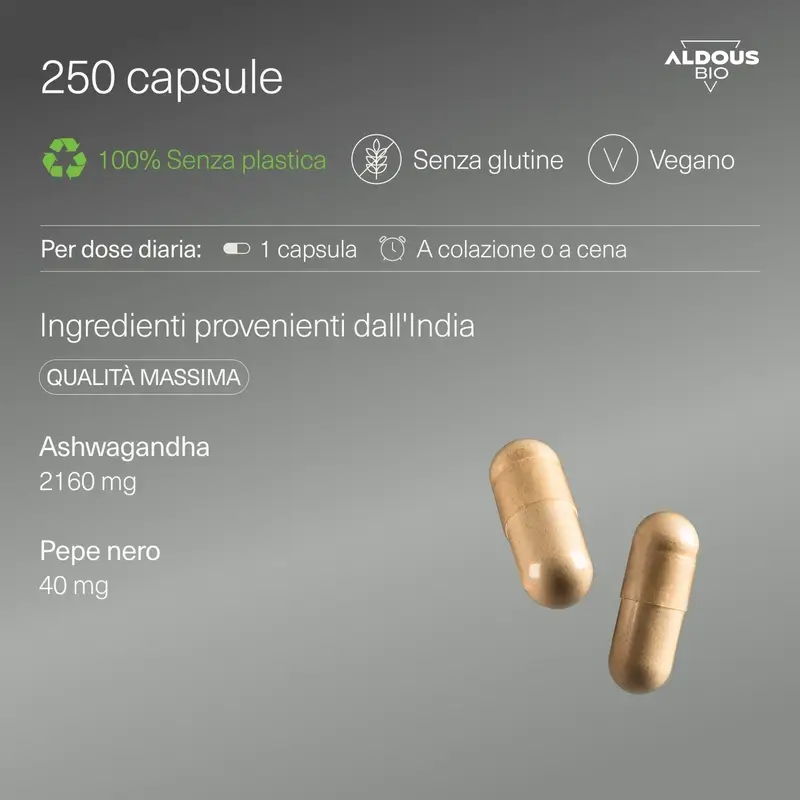 Aldous Bio Raíz De Ashwagandha Con Pimienta Negra , 250 cápsulas