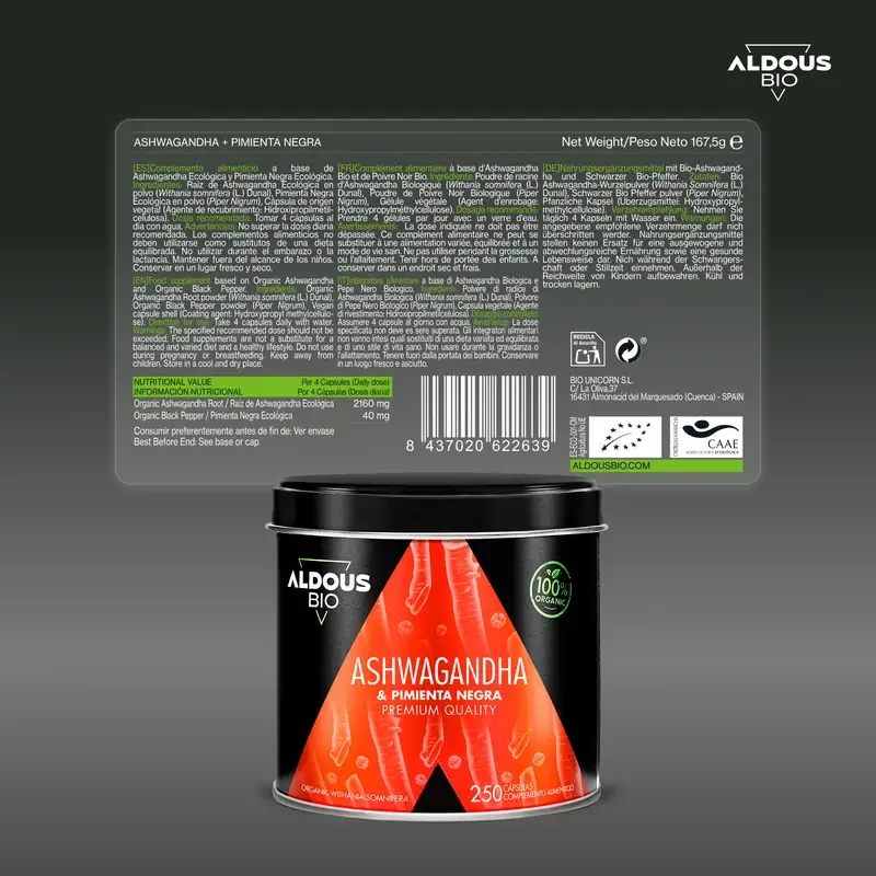 Aldous Bio Raíz De Ashwagandha Con Pimienta Negra , 250 cápsulas