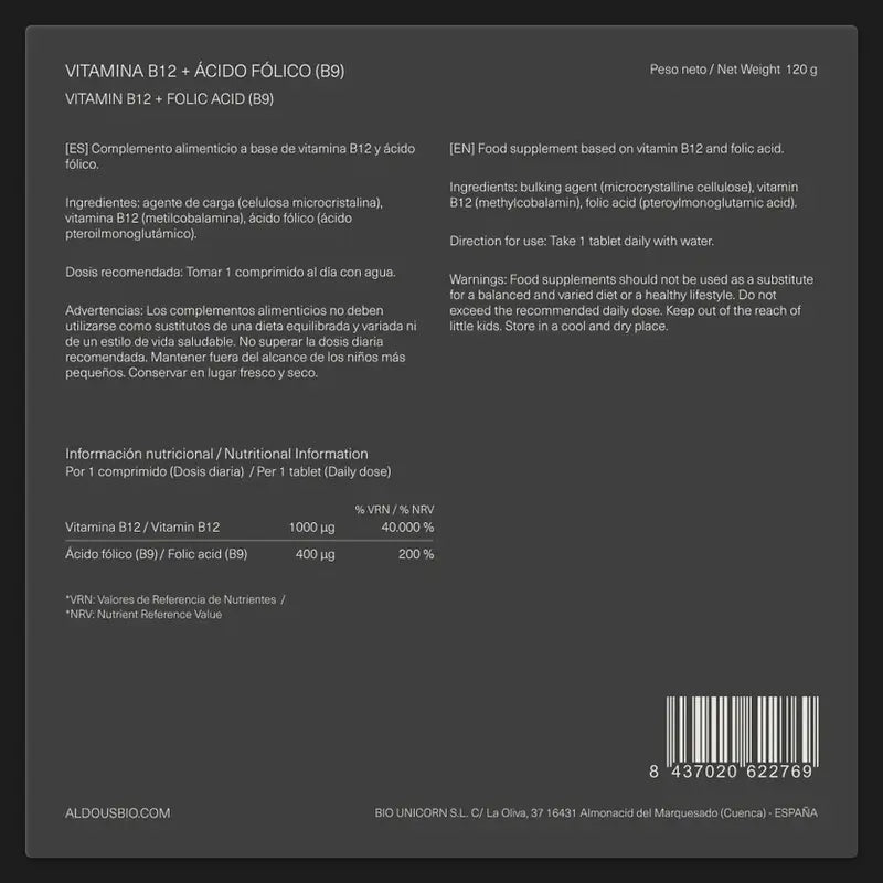 Aldous Bio Vitamina B12 Con Ácido Fólico , 400 comprimidos