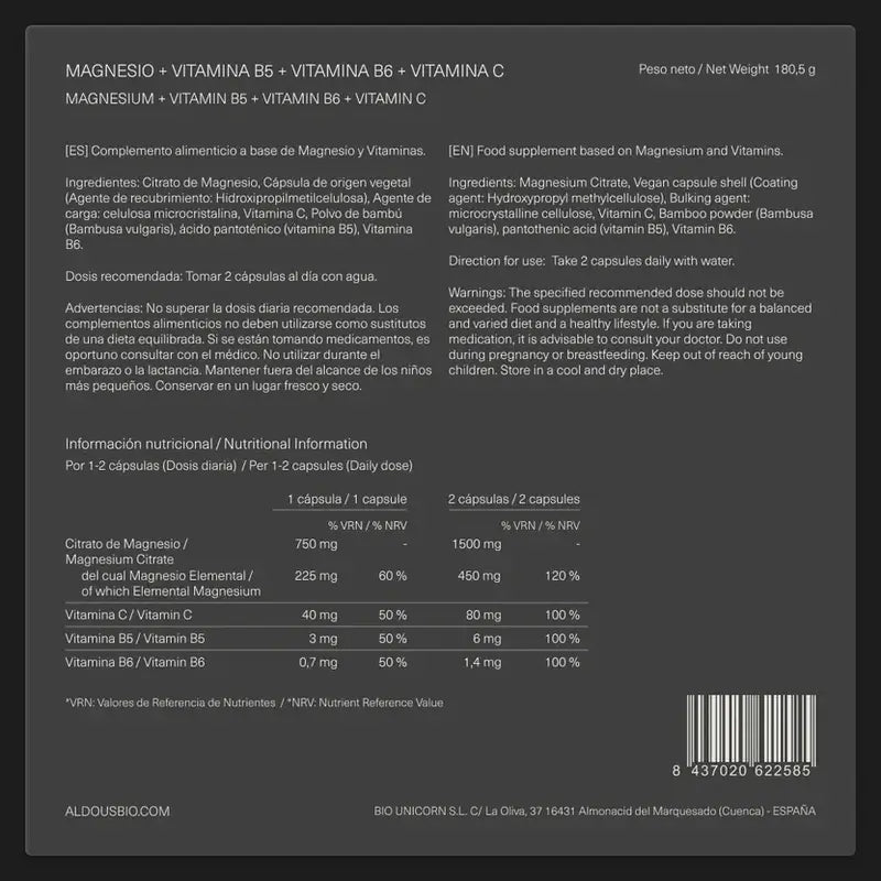 Aldous Labs Complemento Alimenticio Magnesio Con Vitamina C, B5 Y B6 , 200 capsulas