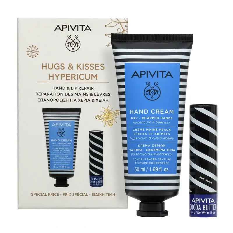 Apivita Promo Crema De Manos Con Hipérico, 50Ml + Cuidado Labial Con Manteca De Cacao 4,4Gr