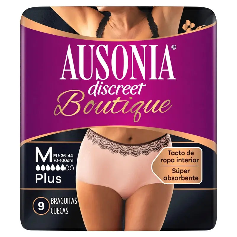 Ausonia Discreet Boutique Braguitas para Incontinencia Beige Plus Talla M, 9 Braguitas