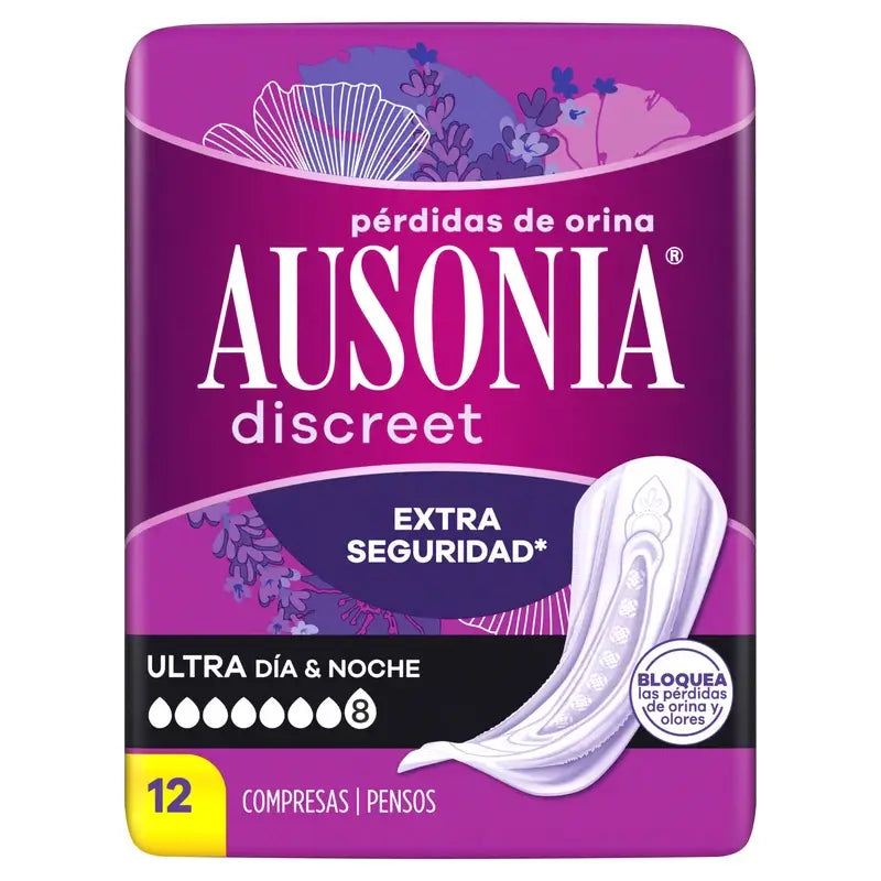 Ausonia Discreet Compresas para Pérdidas de Orina Ultra Día y Noche, 12 Unidades