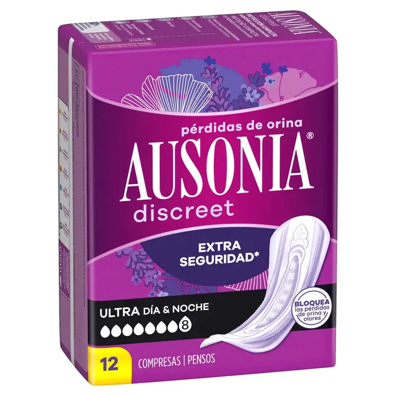 Ausonia Discreet Compresas para Pérdidas de Orina Ultra Día y Noche, 12 Unidades