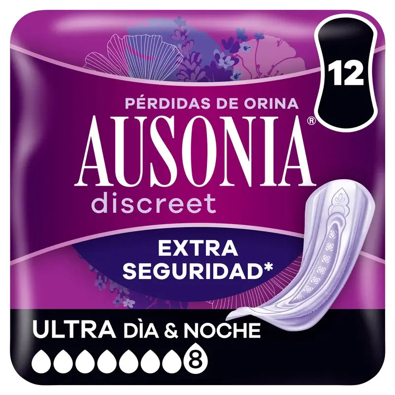 Ausonia Discreet Compresas para Pérdidas de Orina Ultra Día y Noche, 12 Unidades