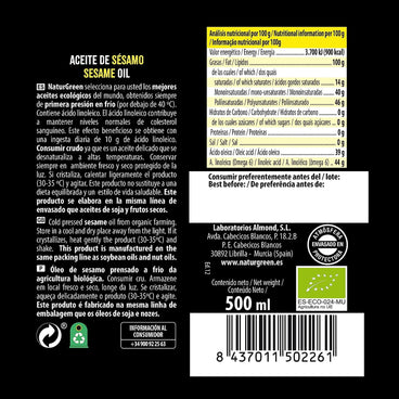 Naturgreeen Aceite De Sesamo Bio, 500 Ml