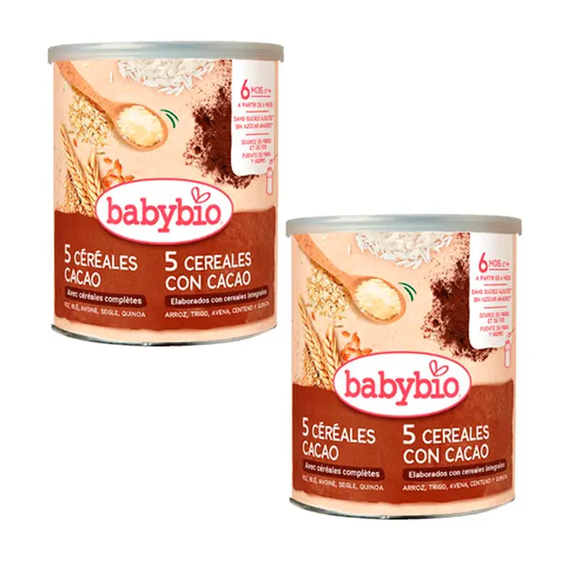 Babybio 5 Cereales con Cacao, Pack 2 x 220 gr