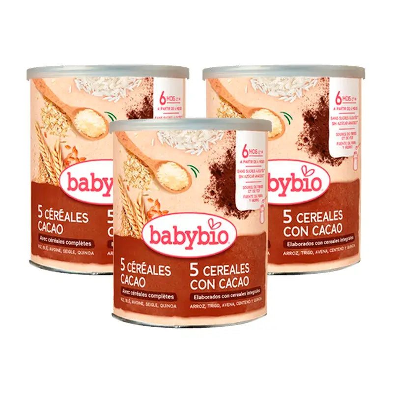 Babybio 5 Cereales con Cacao, Pack 3 x 220 gr