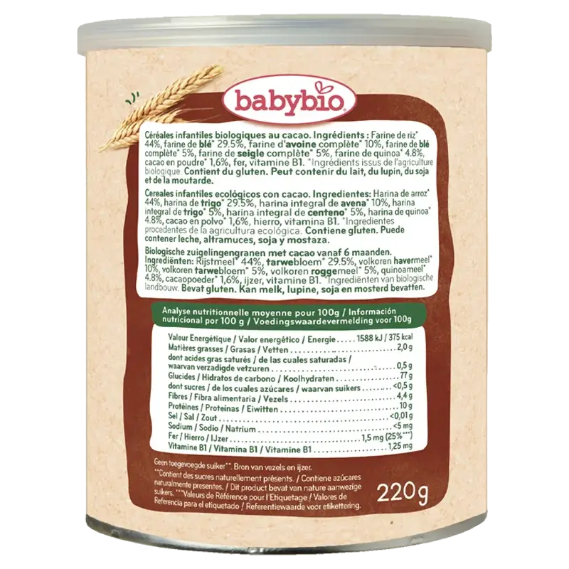 Babybio 5 Cereales con Cacao, Pack 3 x 220 gr