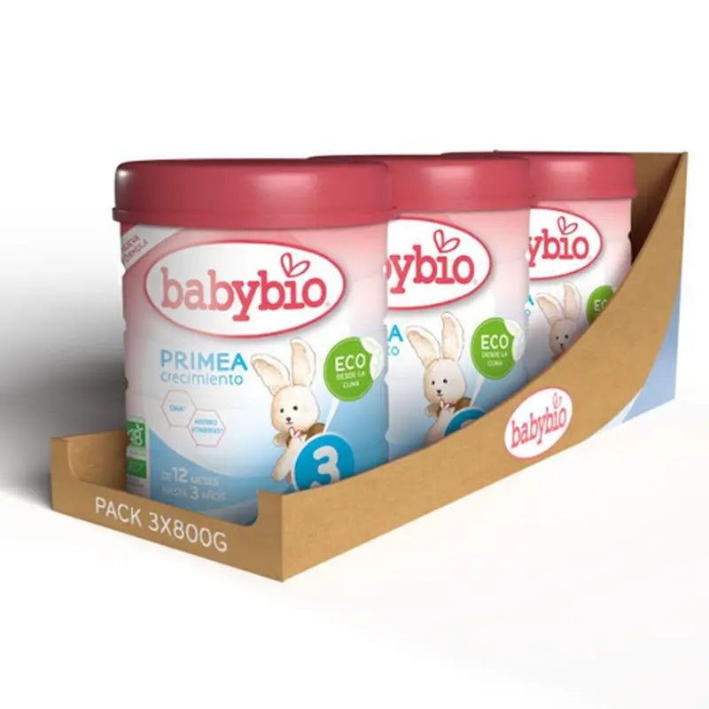 Babybio Primea 3 Leche de Vaca Crecimiento 12-36 Meses, Pack 3 x 800 gr