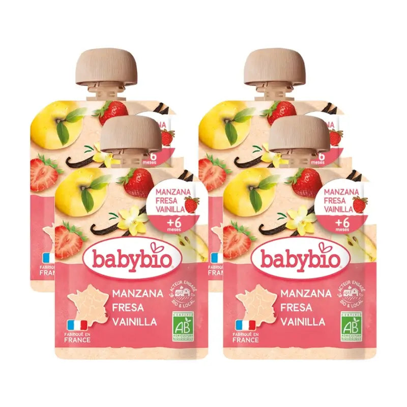 Babybio Pouch Manzana Fresa Vainilla, Pack 4 x 90 gr
