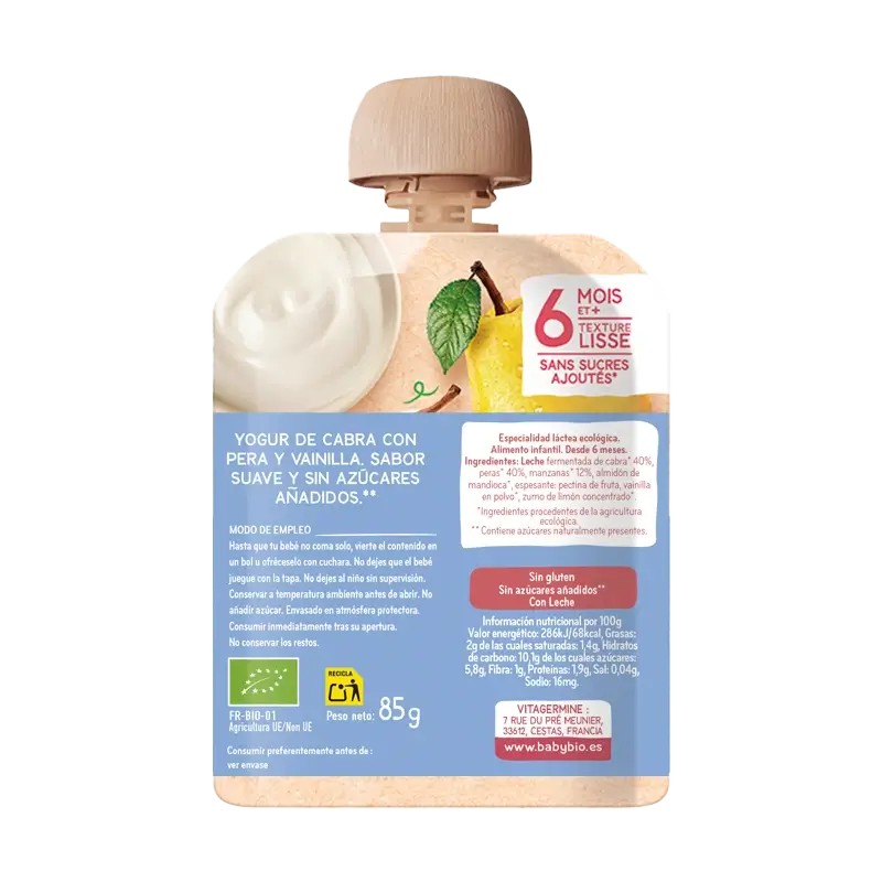 Babybio Pouche Yogur De Cabram Pera Y Vainilla, 85 g