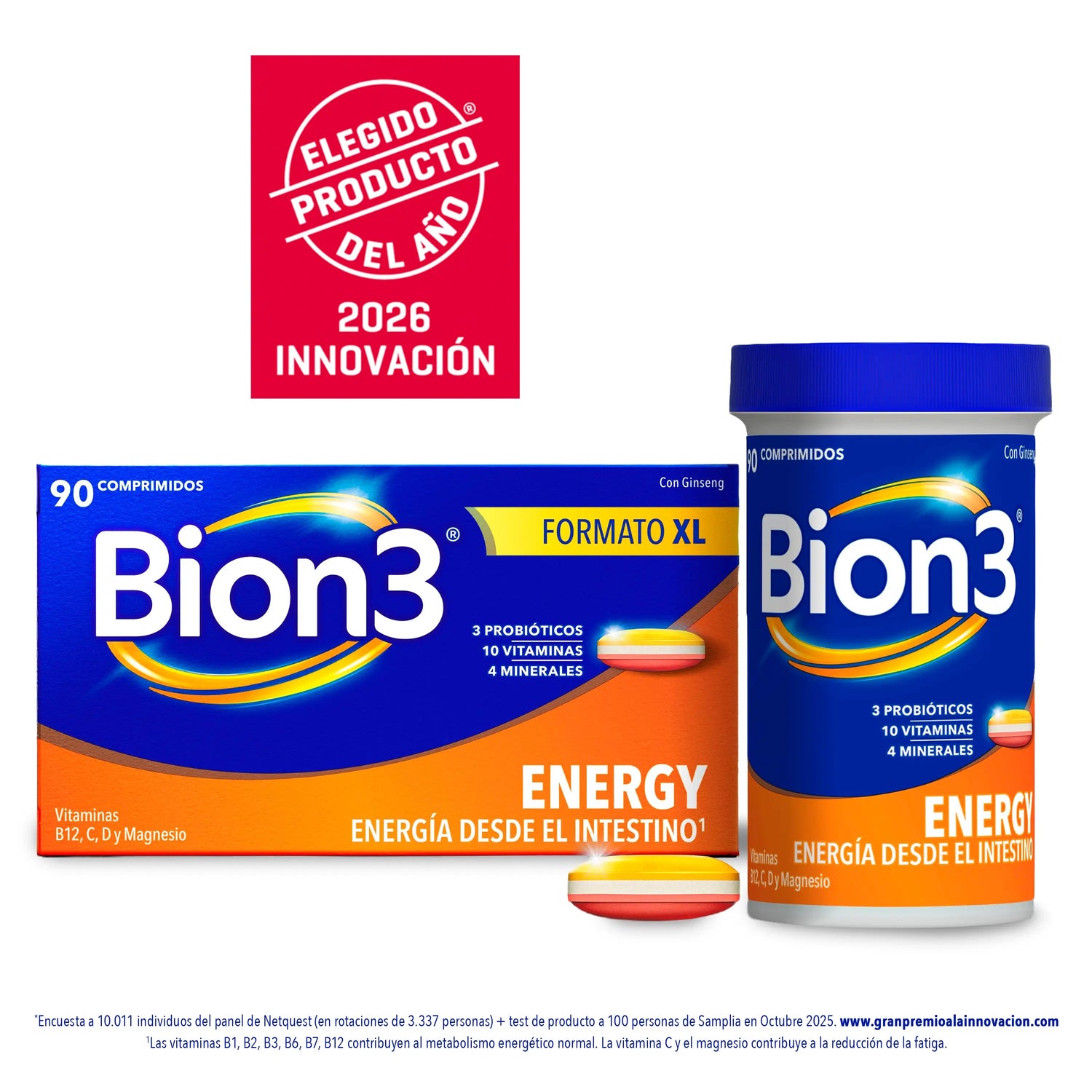 Bion3 Energy Comprimidos Multivitamínicos con Probióticos, Vitamina B12, C y Magnesio