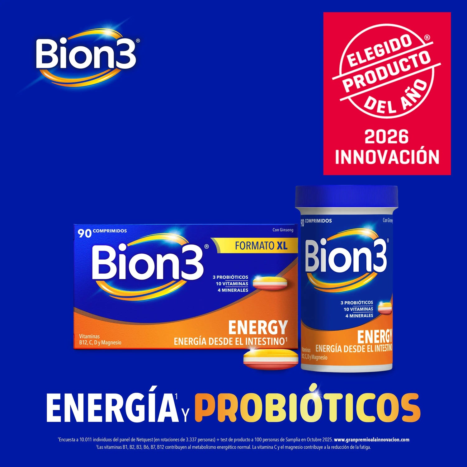 Bion3 Energy Comprimidos Multivitamínicos con Probióticos, Vitamina B12, C y Magnesio