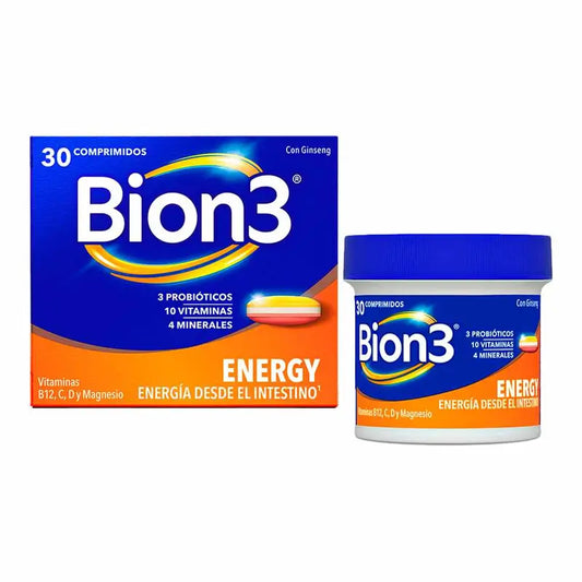 Bion3 Energy Comprimidos Multivitamínicos con Probióticos, Vitamina B12, C y Magnesio 30 comprimidos