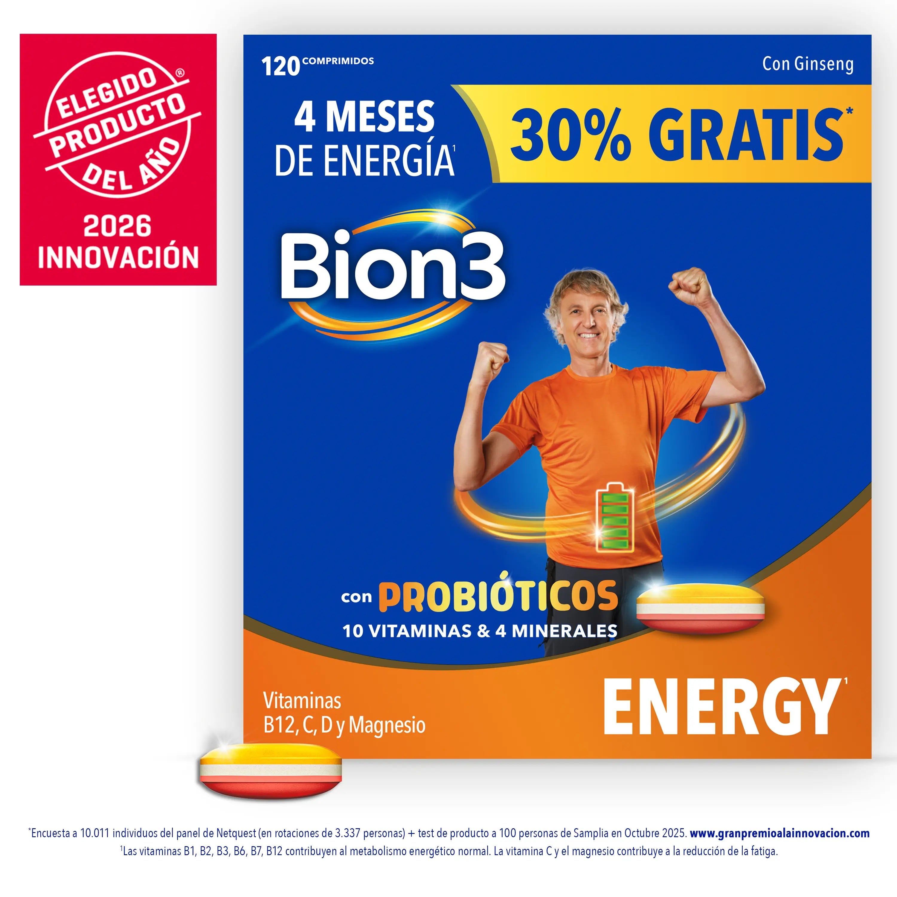 Bion3 Energy Comprimidos Multivitamínicos con Probióticos, Vitamina B12, C y Magnesio