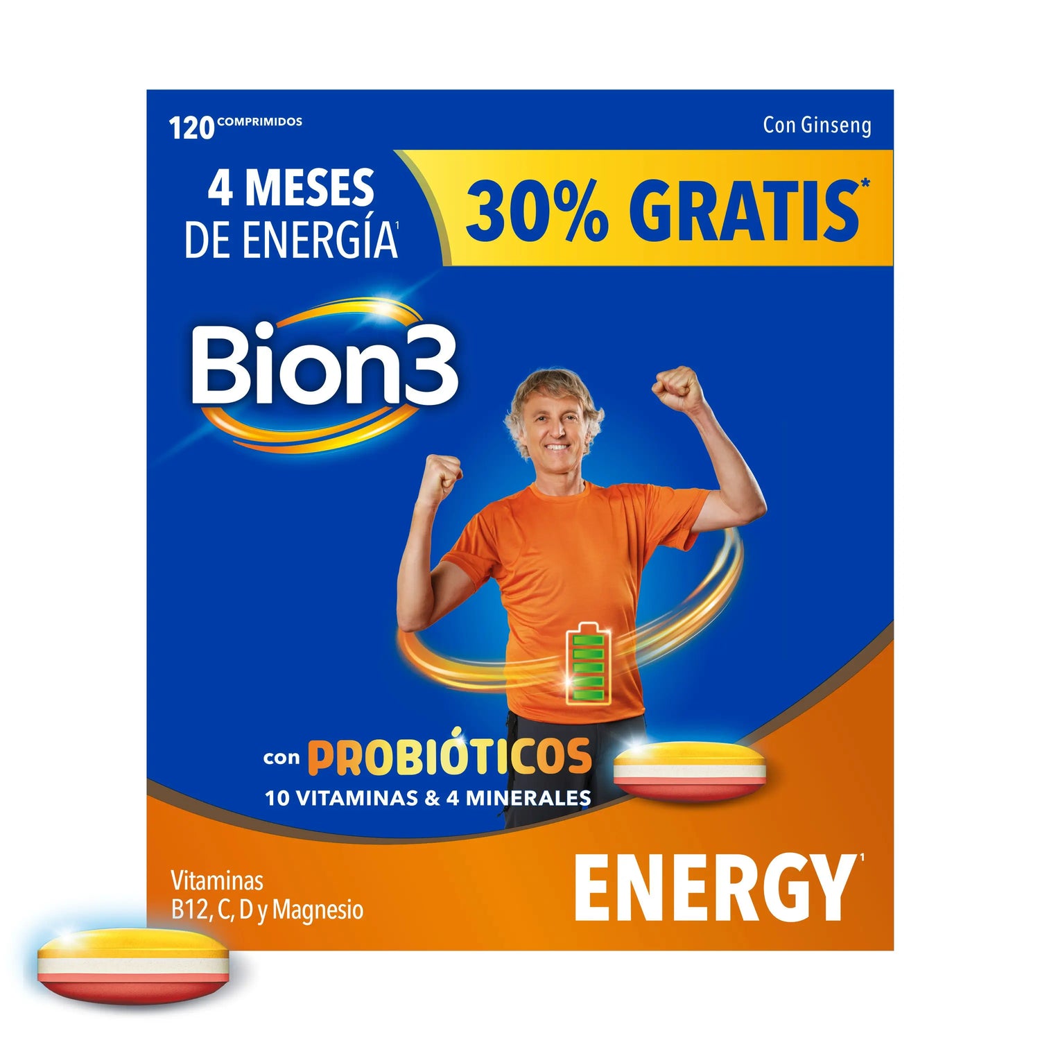 Bion3 Energy Comprimidos Multivitamínicos con Probióticos, Vitamina B12, C y Magnesio