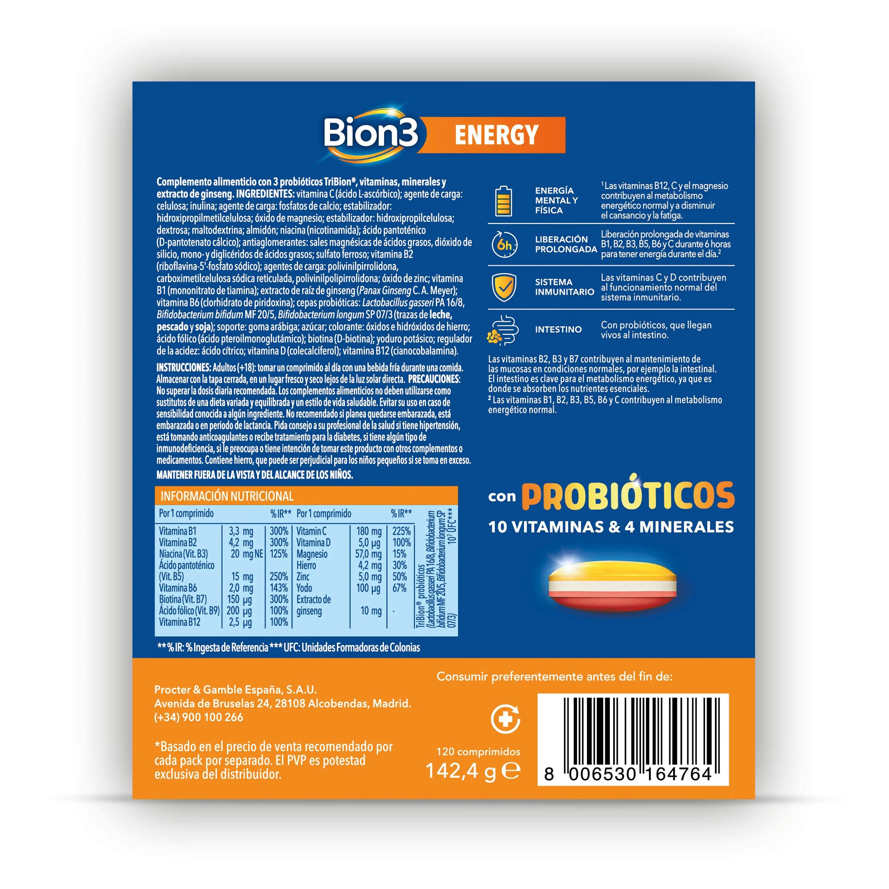Bion3 Energy Comprimidos Multivitamínicos con Probióticos, Vitamina B12, C y Magnesio