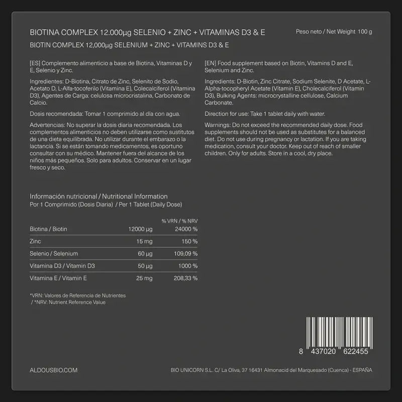 Aldous Labs Biotina con Zinc, Selenio, Vitamina D3 y Vitamina E