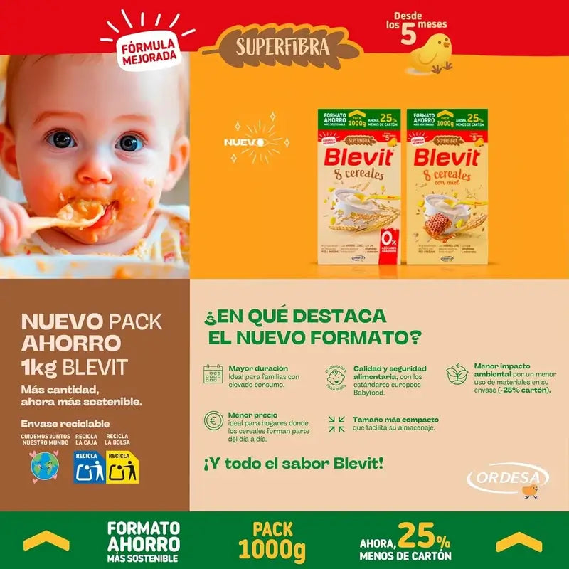 Blevit Alimentación Infantil Superfibra 8 Cereales Formato Ahorro, 1000 gr
