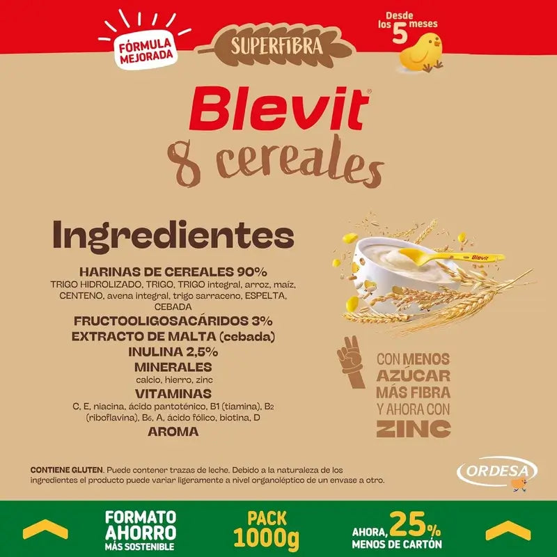 Blevit Alimentación Infantil Superfibra 8 Cereales Formato Ahorro, 1000 gr