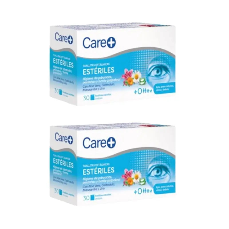 Care+ Toallitas Oftálmicas Estériles, Pack 2 x 30 Unidades