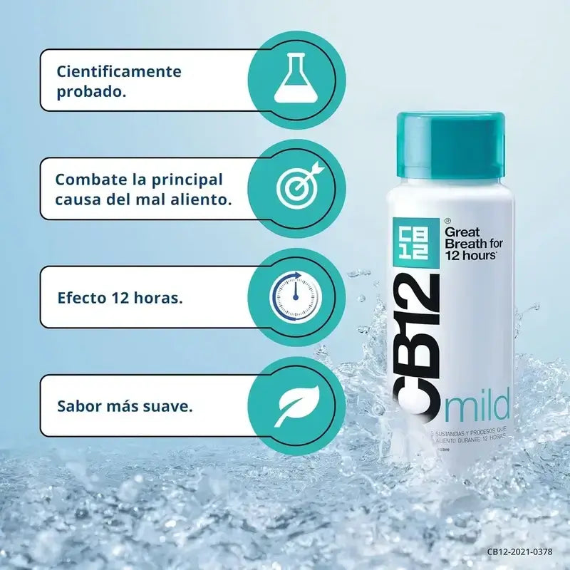 CB12 Mild Enjuague Bucal Halitosis Sabor Menta Suave, 250 ml