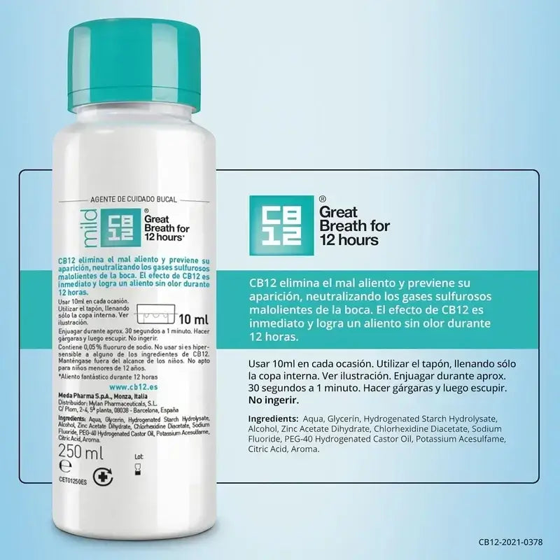 CB12 Mild Enjuague Bucal Halitosis Sabor Menta Suave, 250 ml