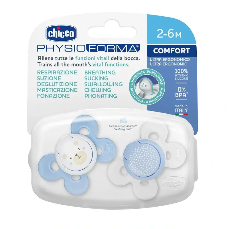 Chicco Chupete Physio Comfort Silicona Azul 2-6M 2 Unidades Surtidos