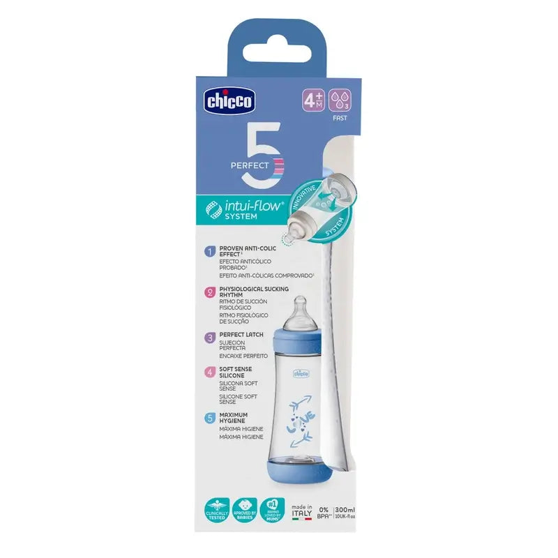 Chicco Biberón Perfect5 Azul Flujo Rápido 300Ml 4M+
