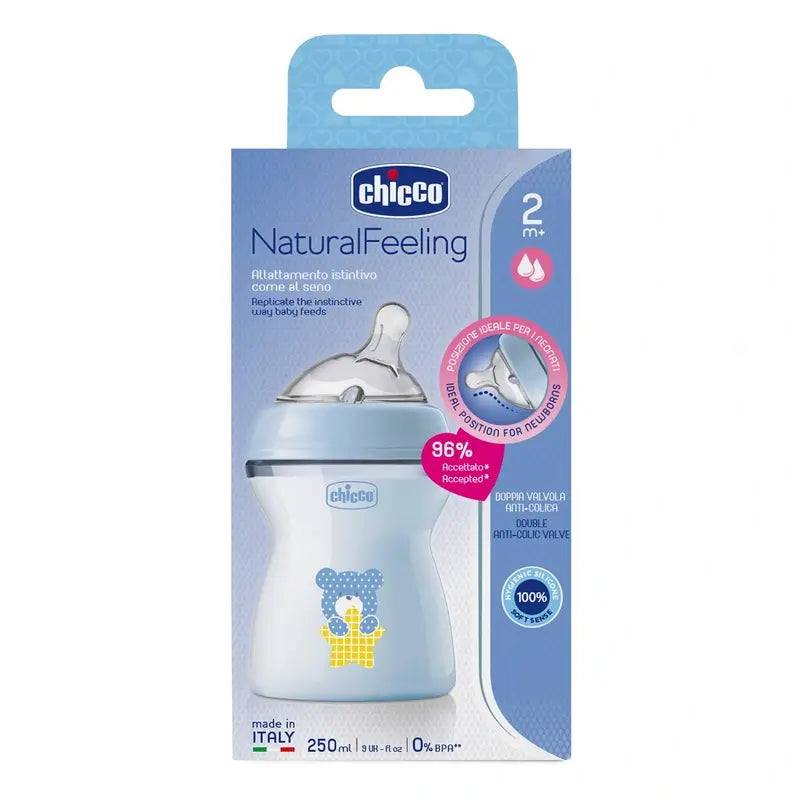 Chicco Biberón Naturalfeeling Azul Flujo Medio 250Ml 2M+