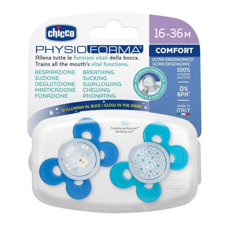 Chicco Chupete Physio Comfort Silicona Azul 16-36M 2 Unidades Surtidos
