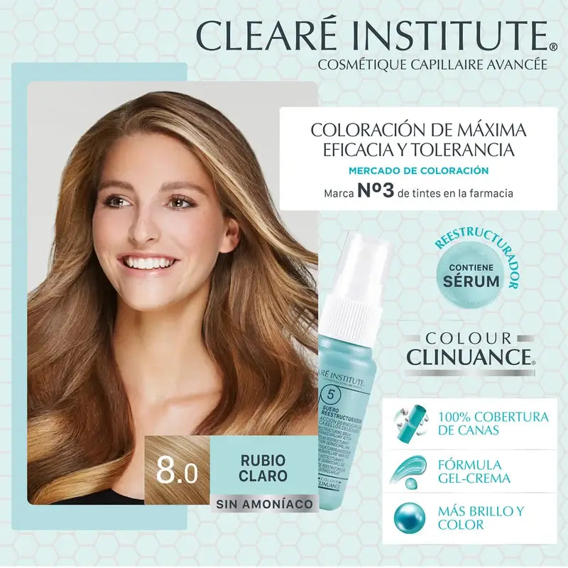 Clearé Institute Colour Clinuance Coloración Permanente Tinte Sin Amoníacos 8.0 Rubio Claro