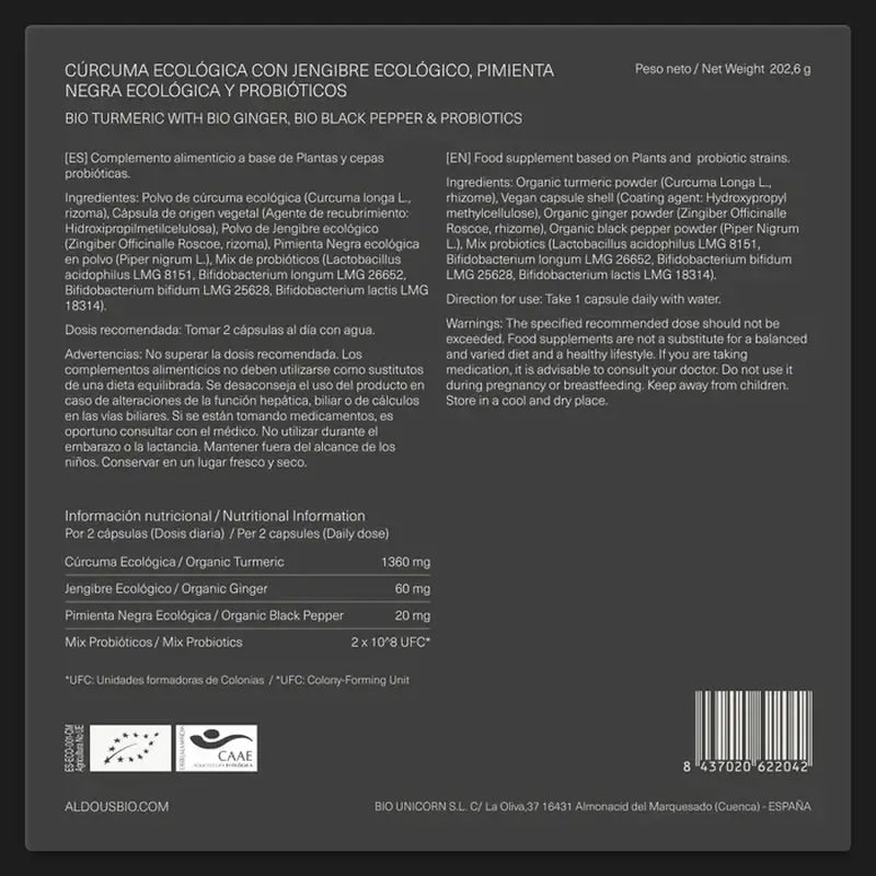 Aldous Bio Cúrcuma con Jengibre y Pimienta Negra con Probióticos, 250 cápsulas