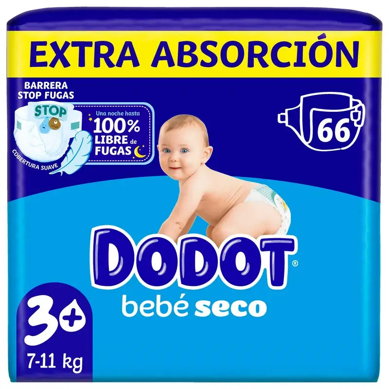 Dodot Bebé Seco Talla 3+ (7-11 Kg), 66 Pañales