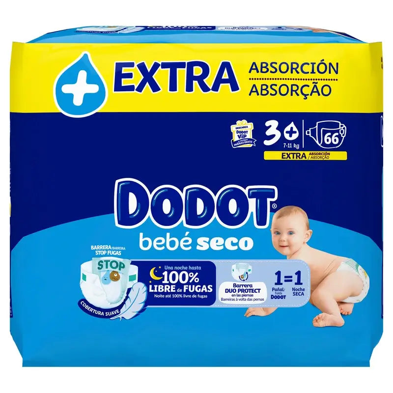 Dodot Bebé Seco Talla 3+ (7-11 Kg), 66 Pañales
