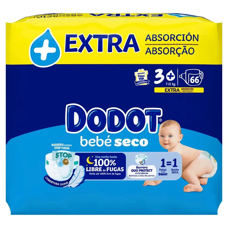 Dodot Bebé Seco Talla 3+ (7-11 Kg), 66 Pañales