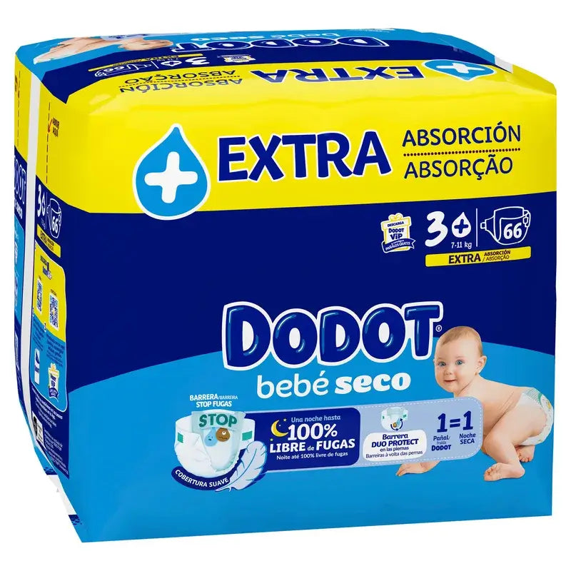 Dodot Bebé Seco Talla 3+ (7-11 Kg), 66 Pañales