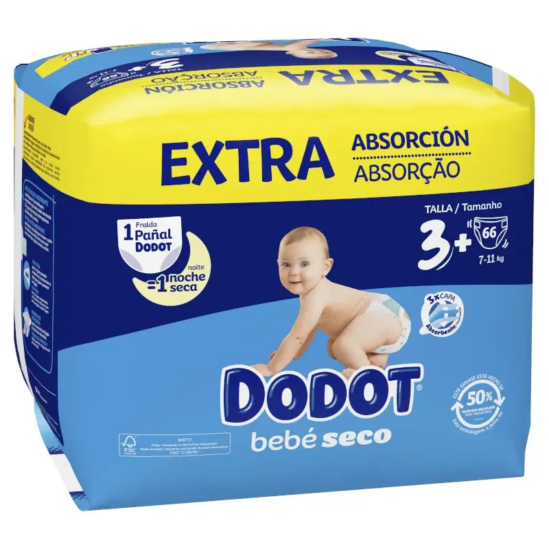 Dodot Bebé Seco Talla 3+ (7-11 Kg), 66 Pañales