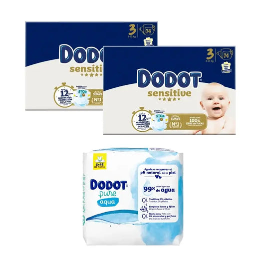 Dodot Sensitive Talla 3, 74 Pañales + Toallitas Pure Aqua Bebé, 288 Unidades